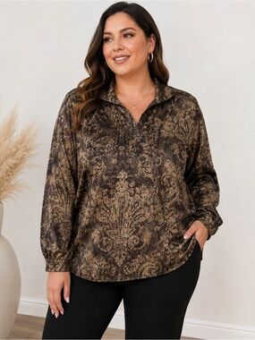 Plus-Size Brown Printed Long-Sleeve Polo Blouse